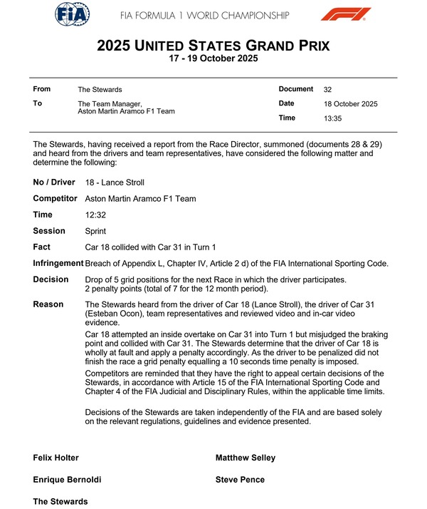 ランス・ストロール、次戦グリッド5番降格ペナルティと2ペナルティポイント：2025年F1アメリカGP