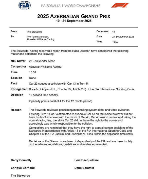 アレックス・アルボン、10秒タイムペナルティと2ペナルティポイント：2025年F1アゼルバイジャンGP