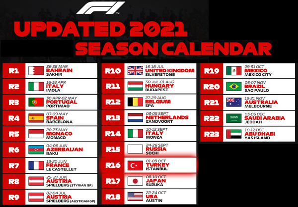 2021年F1カレンダー(6月25日改訂版)