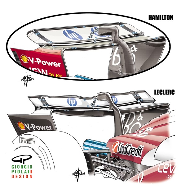 フェラーリSF-25：上画像、ハミルトンは週末を通してこのモンツァスタイルのウイングを使用し、ルクレールは初日に切り欠きバージョンを使った。下画像、ルクレールが予選とグランプリで使用したアゼルバイジャンスタイルのウイング