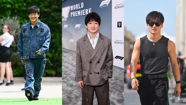 角田裕毅は、超カジュアルなダブルデニムから映画のプレミアでの洗練されたスーツまで、様々なスタイルを披露している