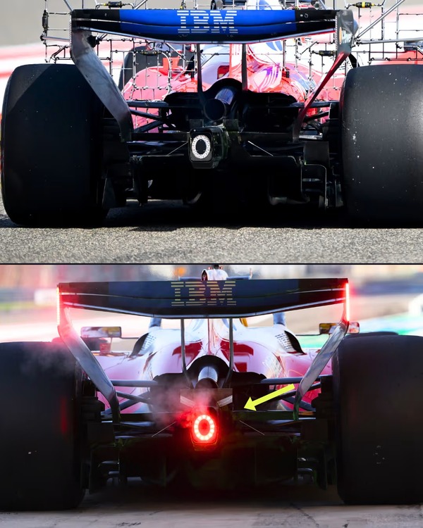 フェラーリSF-26：上の写真（バーレーンでの第1回プレシーズンテスト）はフェラーリのリアを、下の写真（第2回プレシーズンテスト）と比較したもの。下の写真は、ディフューザーから吸い込まれる気流をさらに活性化し、排気流をリアウィング下側に導くために下部ボディワークに追加された新しいベーンである