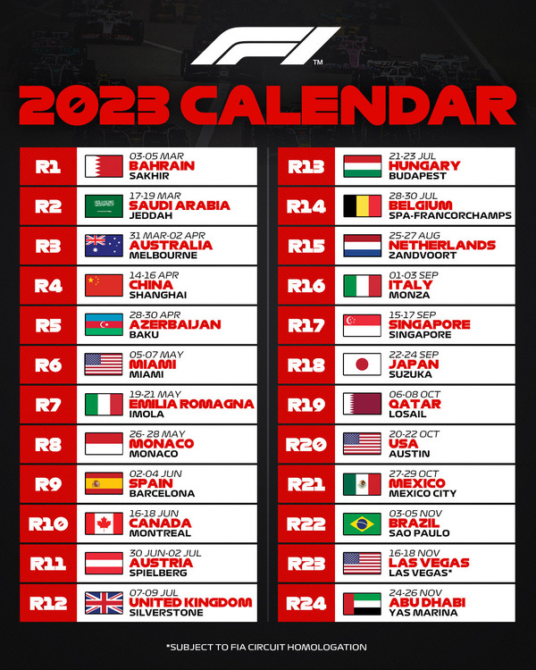 2023年F1カレンダー(中国開催中止前)