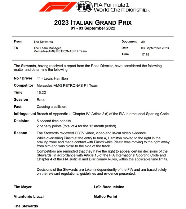 ルイス・ハミルトン、5秒ペナルティと2ペナルティポイント：2023年F1イタリアGP