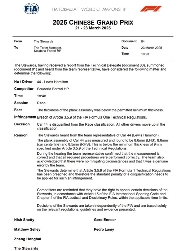 ルイス・ハミルトン、マシンのパーツ厚さ違反で失格：2025年F1中国GP
