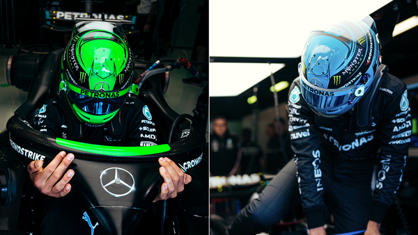 ジョージ・ラッセル 2023年F1ヘルメット（BELL製ヘルメット）開幕戦バーレーンGP仕様とレギュラーカラー（2戦目サウジアラビアGPから使用）