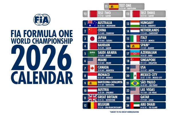 2026年F1カレンダーと2026年F1プレシーズンテスト日程、アゼルバイジャンGP日程変更：FIA公式発表