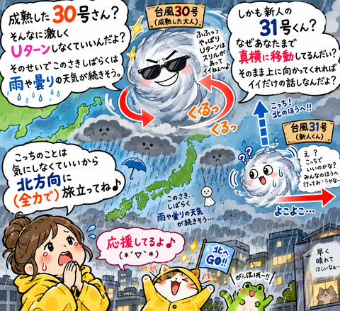 台風たちの北上祈願ウェザーマンガ