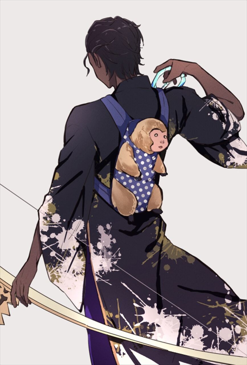 Fgo 猿をおんぶ紐でおんぶしながら戦うアルジュナ お猿さん可愛い