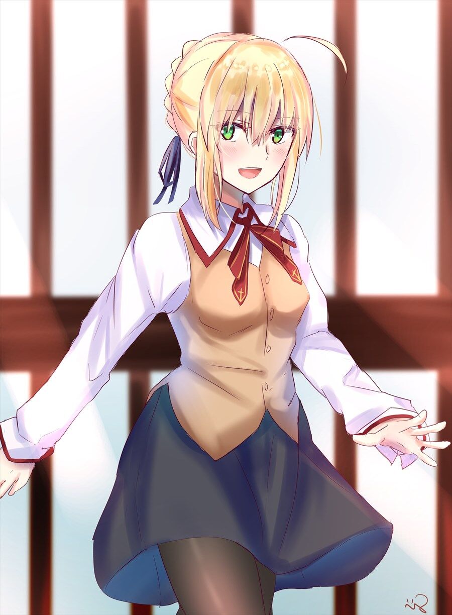 Fgo 穂群原学園制服を着たセイバーさん シロウ さあ 早く行きましょう