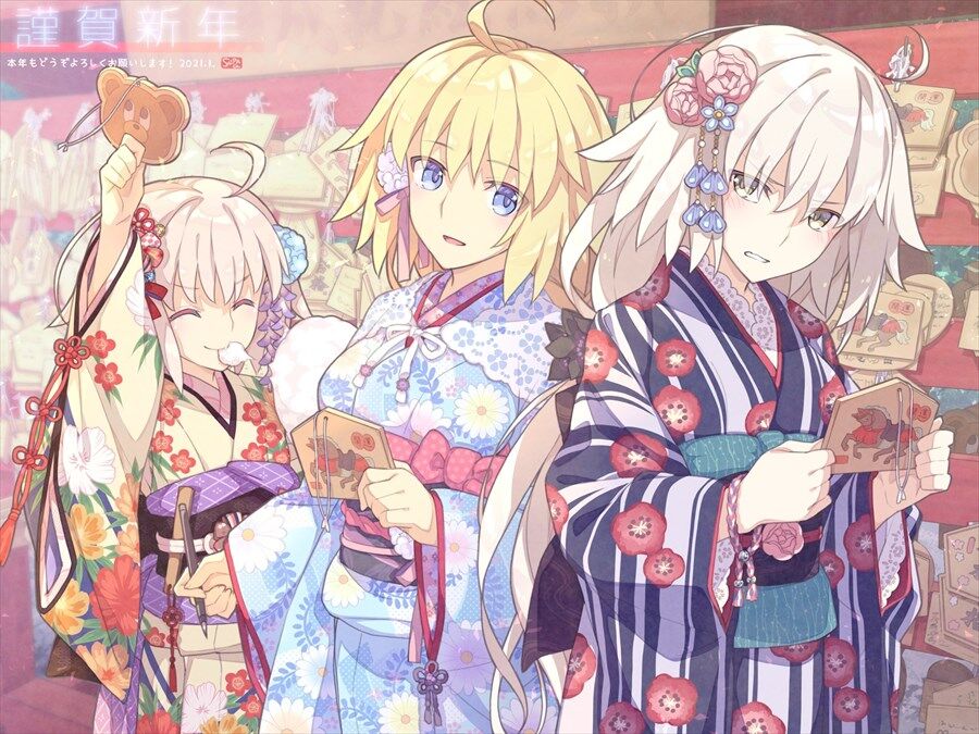 Fgo 晴れ着姿で神社にお参りする邪ンヌ三姉妹イラスト この三姉妹かわいすぎるだろ
