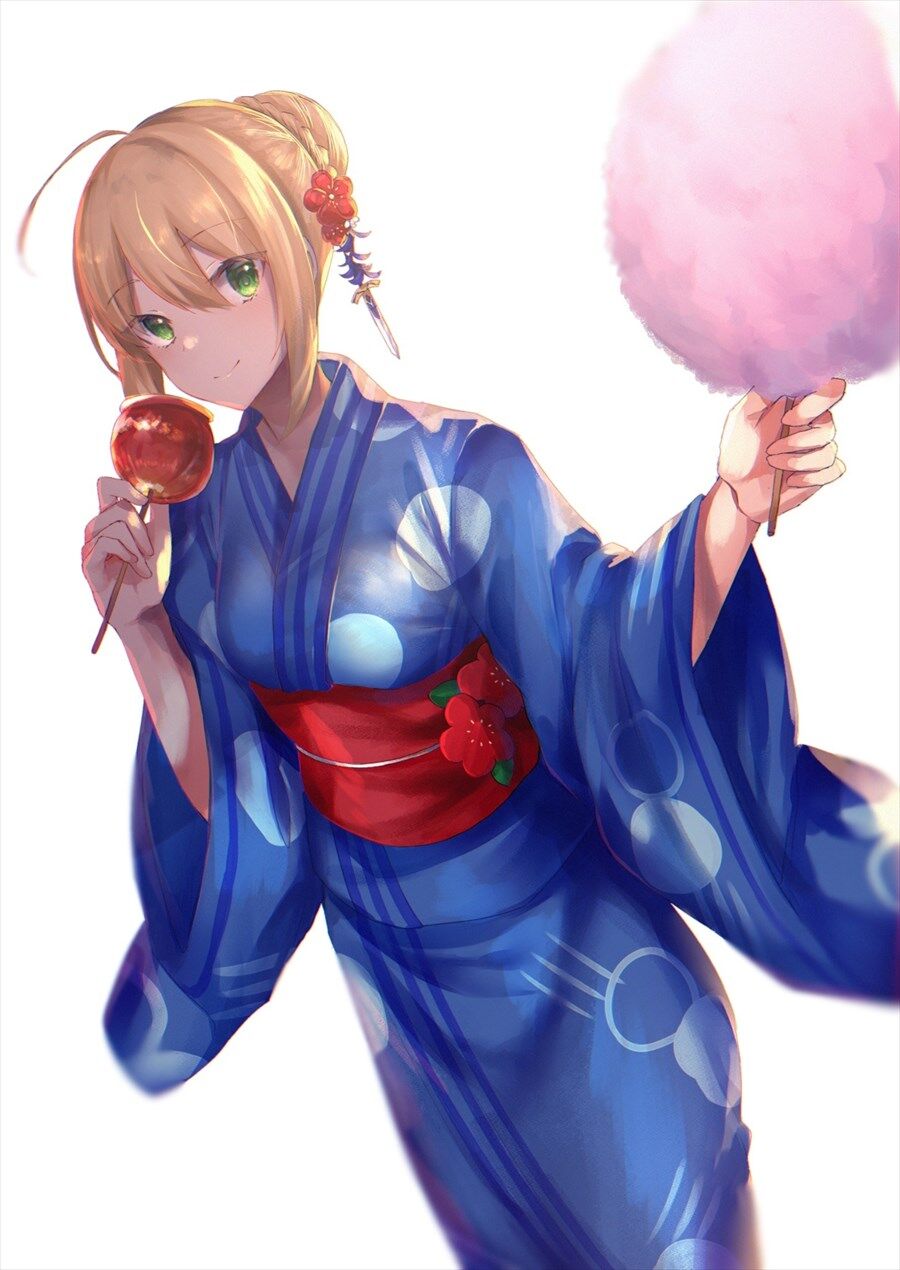 Fgo 浴衣姿のセイバーさんイラスト 綿菓子が美味しそうだ
