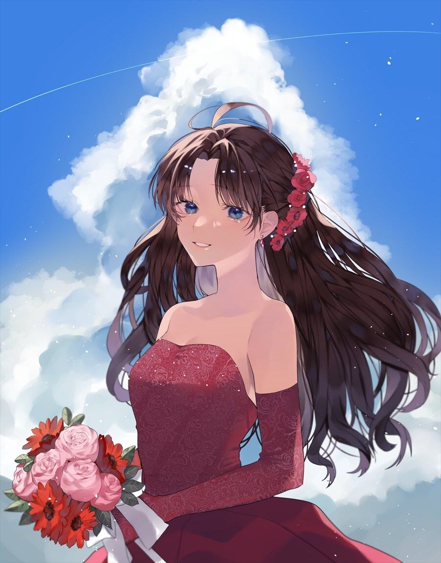 Fgo 赤ドレスの凛イラスト 後ろの入道雲が夏を感じる