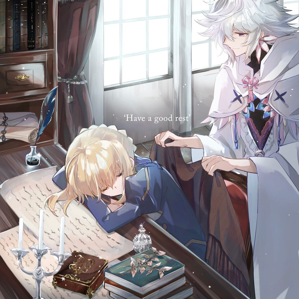 Fgo 机で眠っているアルトリアに毛布をかけてあげるマーリン お疲れ様
