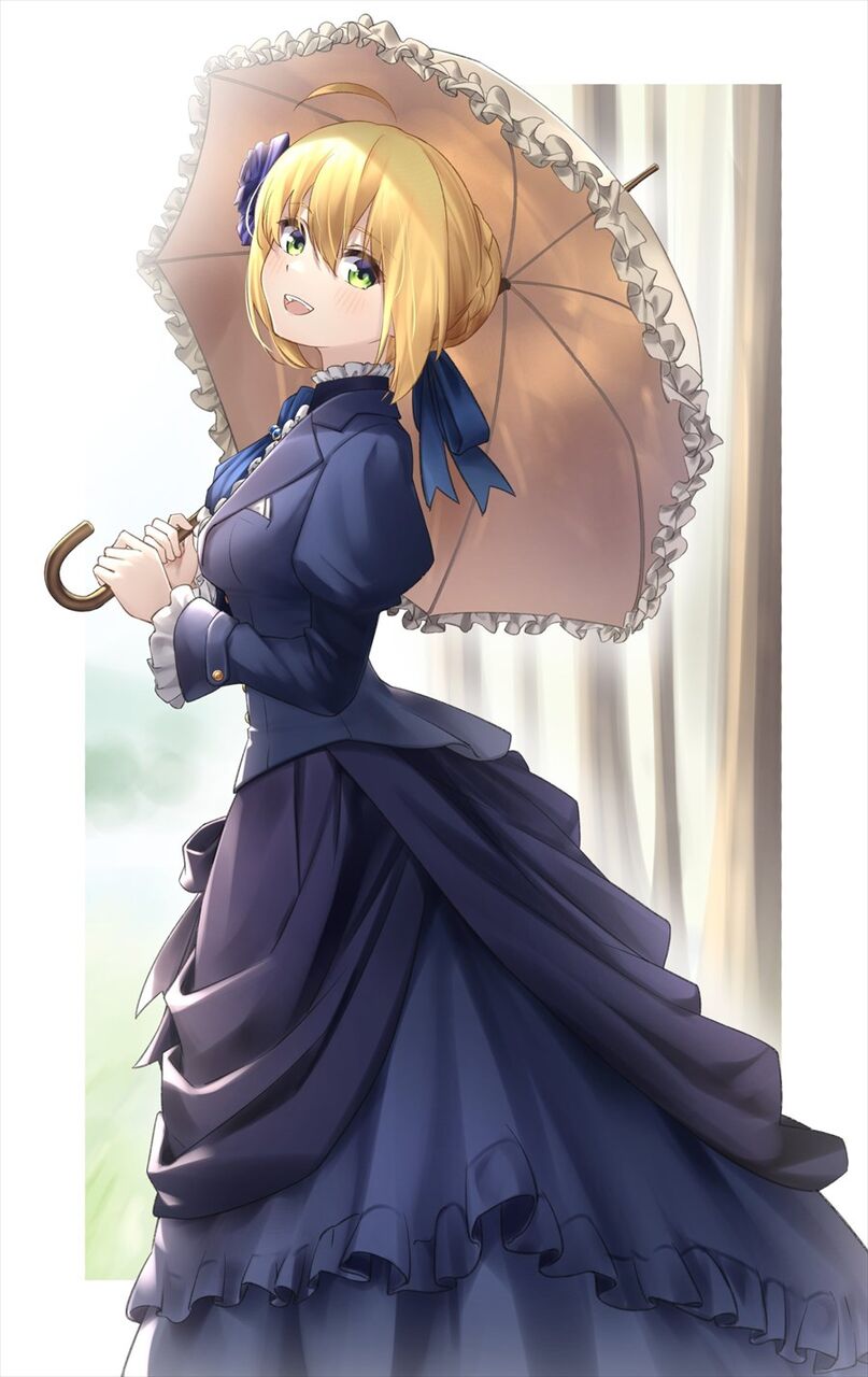 Fgo 紺色のドレスを着たセイバーさんイラスト 日傘もフリフリでかわいいですね