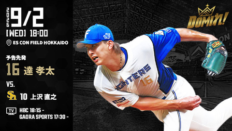 【予告先発】達孝太｜9月2日 ソフトバンク戦｜18:00開始