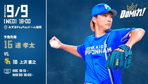 【予告先発】達孝太｜9月9日 ソフトバンク戦｜18:00開始