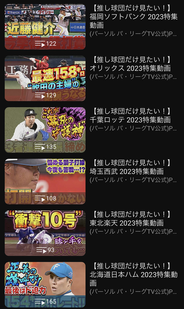 パ・リーグTVの球団別動画数ｗｗｗｗｗ