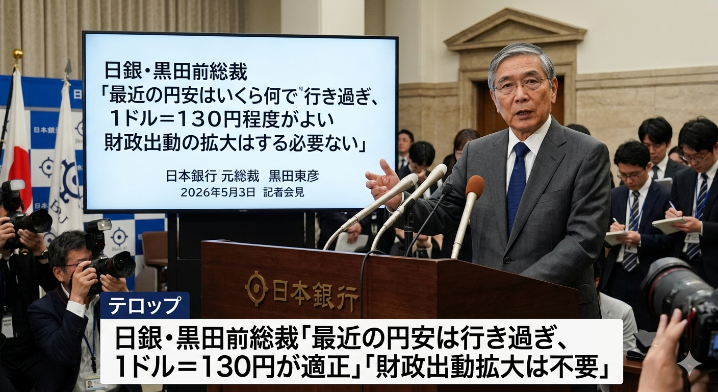 日銀・黒田前総裁「円安ヤバ過ぎ、1ドル＝130円程度がよい。財政出動の拡大はする必要ない！」