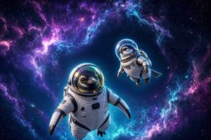宇宙服を着たペンギンと小鳥が銀河を漂うデジタルアート。背景にはカラフルな星雲と流れる星屑、ネオンブルーとパープルの補色配色。低角度から見上げる構図で、SF映画風のライティング。