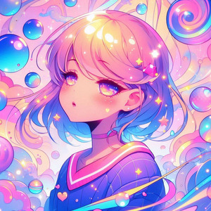 A vibrant, dreamy aesthetic scene with soft neon glows, glossy highlights, floating sparkles, and smooth pastel gradients. Highly polished, playful, and slightly surreal. Bold color pops, gentle lens‑flare lighting, and crisp outlines. Cute decorative elements drifting around the subject, with a fun, magical, upbeat mood. Anime style.