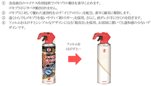金鳥のゴキブリ駆除スプレー缶、ゴキブリのイラストが描かれた不快感あるラベルを剥がせる