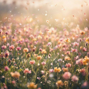 Soft pastel spring meadow filled with blooming wildflowers in pink, peach, and butter‑yellow tones, gentle sunlight diffused through light morning haze, tiny petals drifting in the breeze, shallow depth of field with creamy bokeh, dewy highlights sparkling on grass, serene and airy atmosphere, ultra‑detailed florals, soft motion in leaves and petals, high‑quality photographic style with a peaceful, uplifting spring mood.