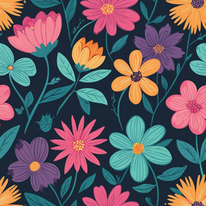 A cute colorful Mother's Day flower pattern in a flat cartoon illustration style, bold outlines, bright pink and orange flowers, teal and purple petals, simple leaves, dark background, greeting card look