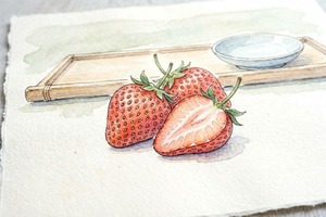 和紙の質感を活かした手描き風イチゴイラスト、背景は淡い生成り色、柔らかな自然光、落ち着いた和風色調、50mm標準レンズ風の構図。