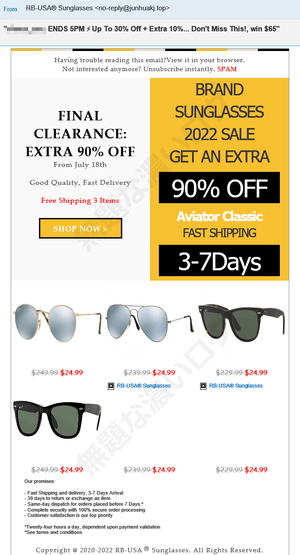 レイバンRayBanサングラス騙る英語の迷惑メール