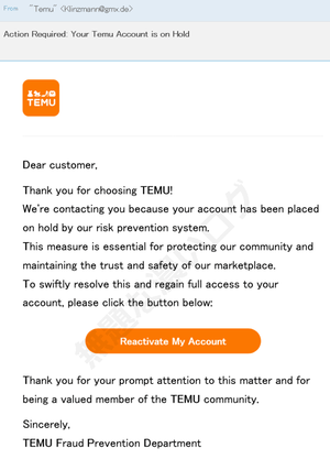 Temu迷惑メールの正体は偽サイトに誘導するフィッシング詐欺