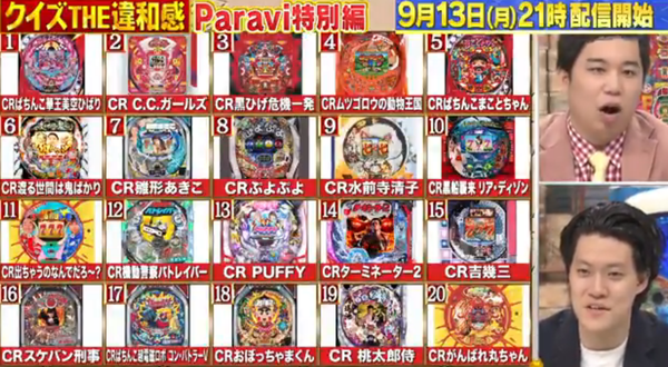 クイズ！THE違和感のParavi特別編が9月13日に配信予定。パチンコをテーマに「コンプリート違和感」に挑む