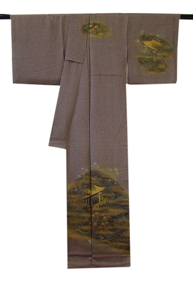 時代屋 裄65.2ｃｍ 綸子地 附下げ 訪問着 西陣織 袋帯 帯揚 帯〆 4点 セット 正絹 仕立上り 袷 共八掛 抱き茗荷 158ｃｍ～165ｃｍ HH1338