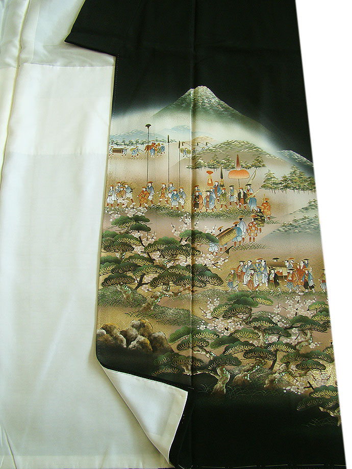 時代屋 裄66.3ｃｍ 結婚式 作家物 極上縮緬地 上洛絵図 金彩加工染柄 黒留袖 正絹 未使用 仕付糸付 丸に右三階松 154ｃｍ～160ｃｍ D571