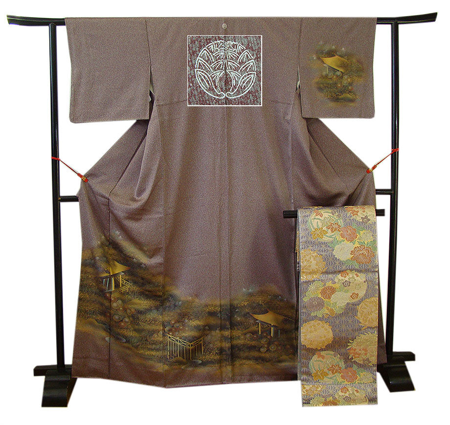 時代屋 裄65.2ｃｍ 綸子地 附下げ 訪問着 西陣織 袋帯 帯揚 帯〆 4点 セット 正絹 仕立上り 袷 共八掛 抱き茗荷 158ｃｍ～165ｃｍ HH1338