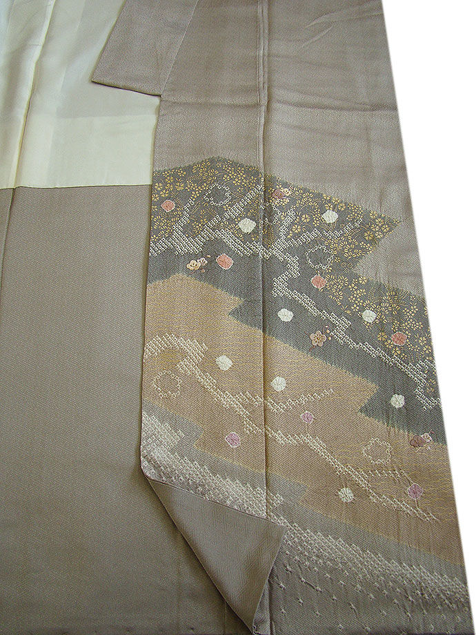 時代屋 裄65.6ｃｍ 紋意匠地 鹿の子絞り 刺繍柄 附下げ 訪問着 正絹 仕立上り 袷 共八掛 刺繍紋 152ｃｍ～158ｃｍ HH1298