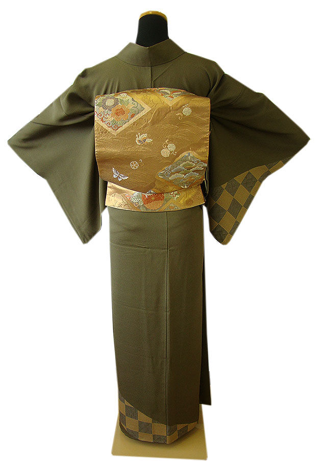 時代屋 裄67.5ｃｍ 縮緬地 附下げ 訪問着 西陣織 袋帯 帯揚 帯〆 4点 セット 正絹 仕立上り 袷 共八掛 152ｃｍ～158ｃｍ HH1327