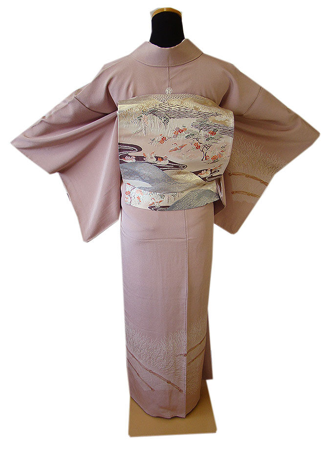 時代屋 裄63.3ｃｍ S寸 縮緬地 附下げ 訪問着 西陣織 袋帯 帯〆 帯揚げ 4点 セット 正絹 仕立上り 袷 丸に桔梗 147ｃｍ～153ｃｍ HH1079