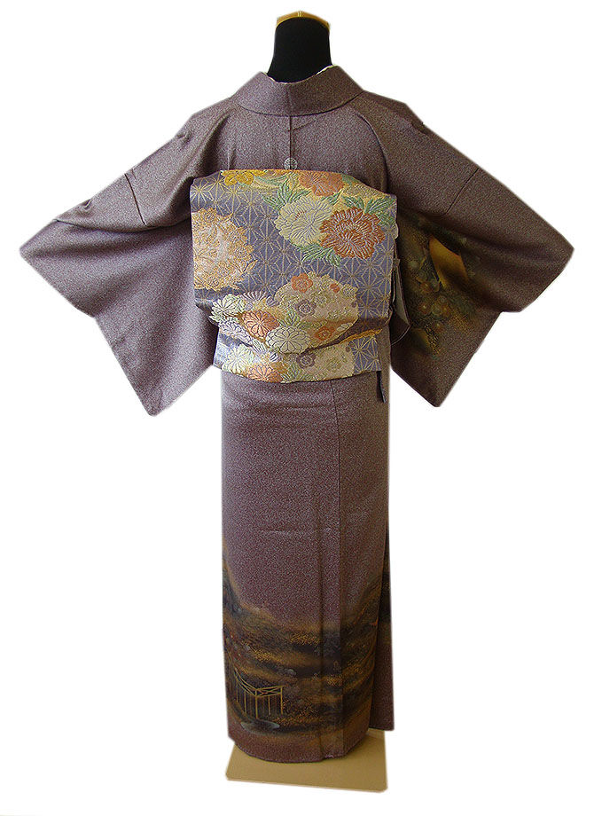 時代屋 裄65.2ｃｍ 綸子地 附下げ 訪問着 西陣織 袋帯 帯揚 帯〆 4点 セット 正絹 仕立上り 袷 共八掛 抱き茗荷 158ｃｍ～165ｃｍ HH1338