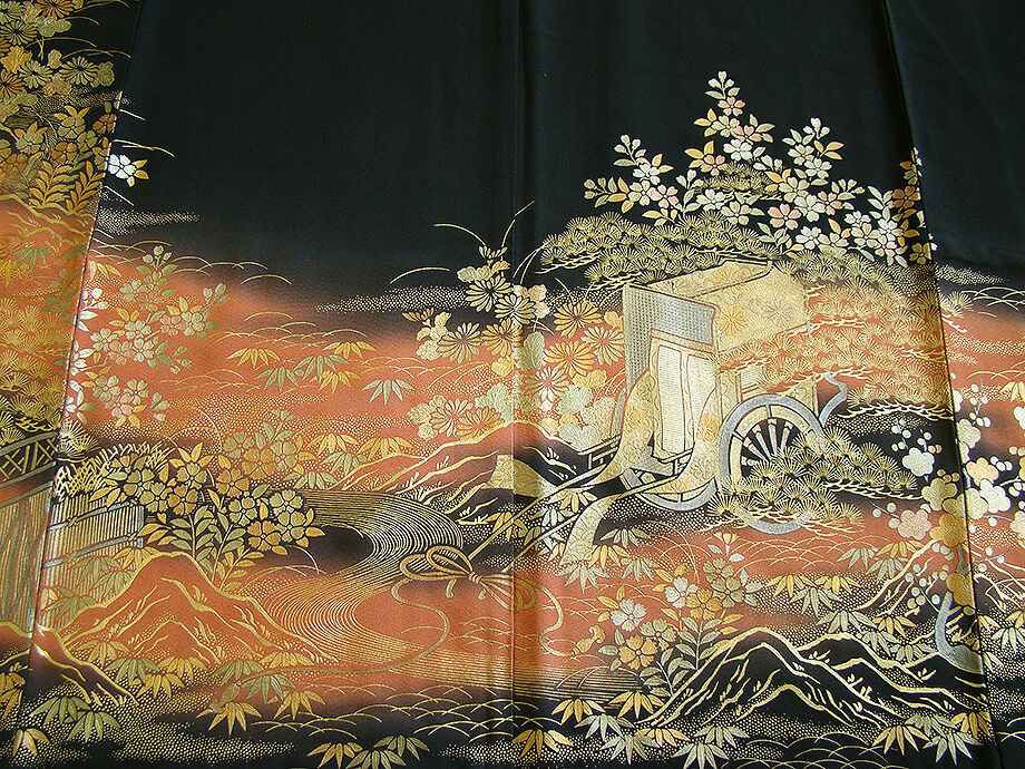 時代屋 裄66.3ｃｍ 作家物 本加工染柄 黒留袖 正絹 仕立上り 上り藤 154ｃｍ～160ｃｍ D265 時代屋 裄66.3ｃｍ 結婚式 作家物 本加工染柄 黒留袖 正絹