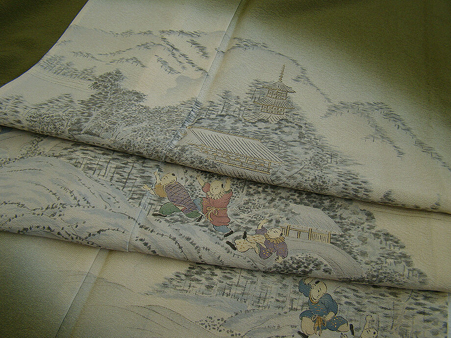 時代屋 裄66.3ｃｍ 加納義巳 作家物 単衣 縮緬地 本加工染 附下げ 訪問着 正絹 仕立上り 154ｃｍ～160ｃｍ HH868