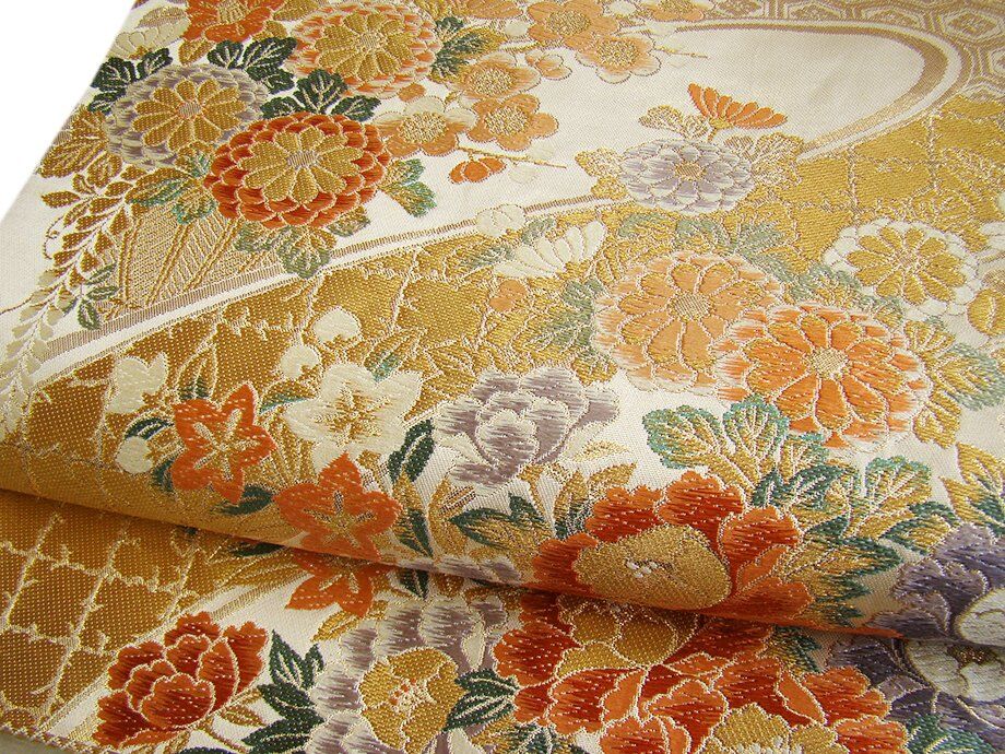 時代屋 63.6cm 極上縮緬地 金彩加工染 附下げ 訪問着 袋帯 帯揚げ 帯〆セット 正絹 袷 仕立上り 148cm~154cm L918