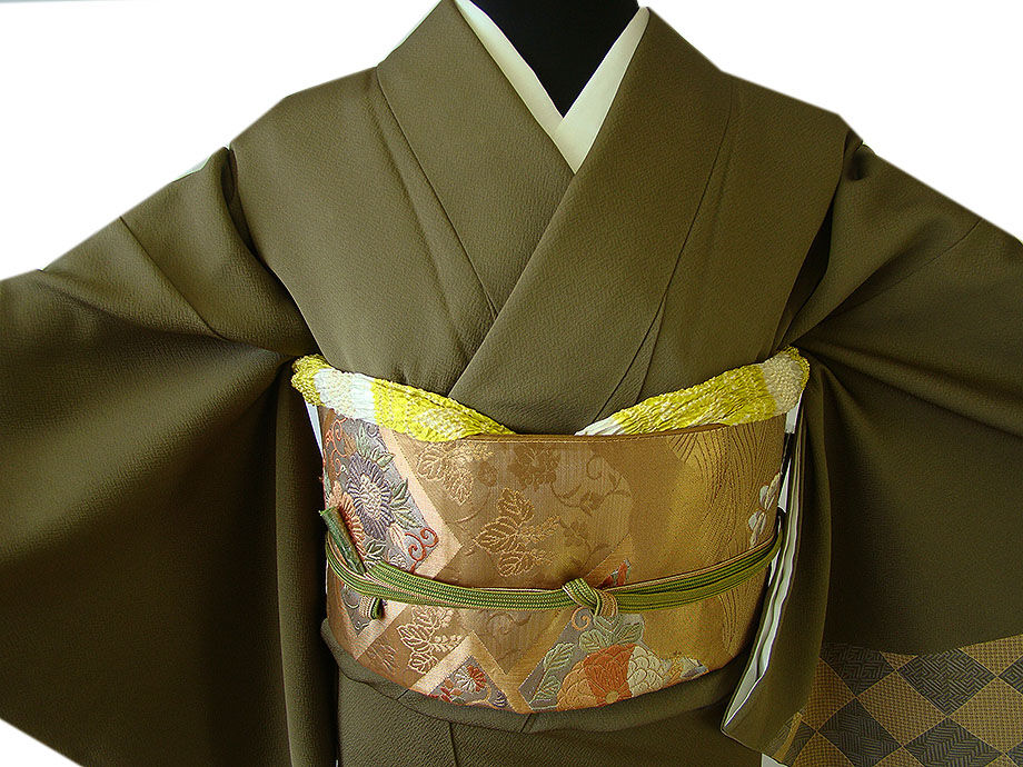 時代屋 裄67.5ｃｍ 縮緬地 附下げ 訪問着 西陣織 袋帯 帯揚 帯〆 4点 セット 正絹 仕立上り 袷 共八掛 152ｃｍ～158ｃｍ HH1327