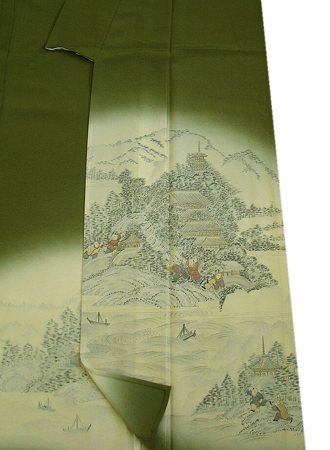 時代屋 裄66.3ｃｍ 加納義巳 作家物 単衣 縮緬地 本加工染 附下げ 訪問着 正絹 仕立上り 154ｃｍ～160ｃｍ HH868