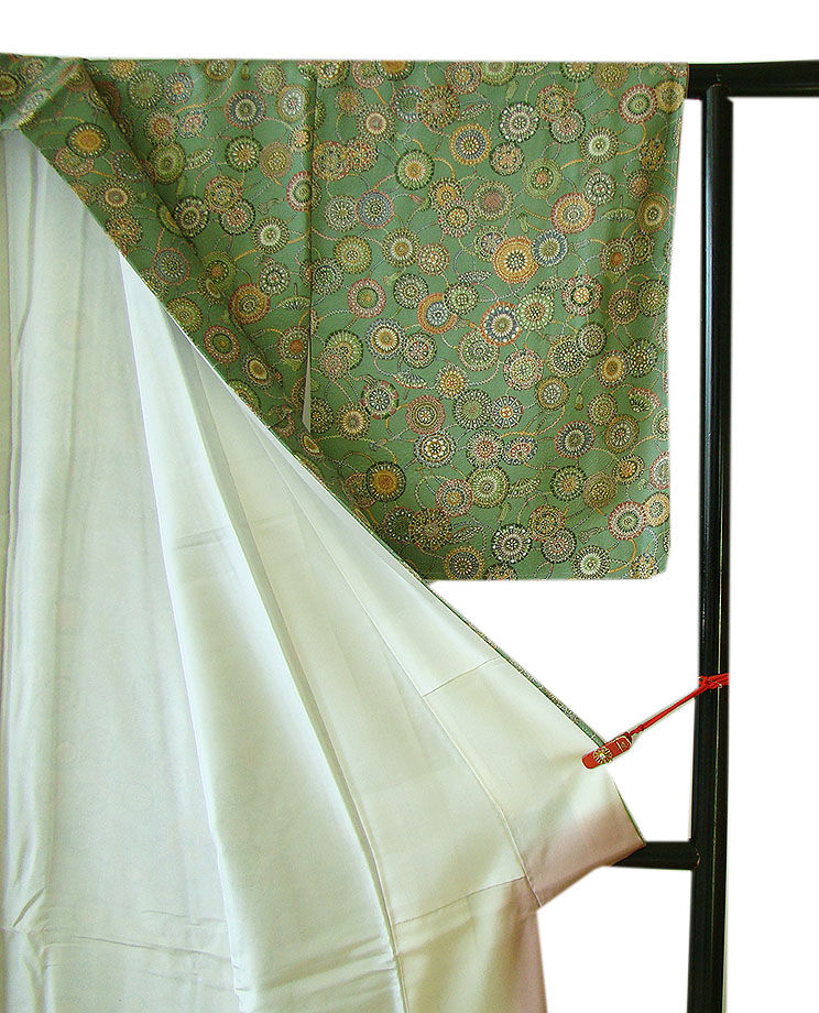 時代屋 裄66.7ｃｍ 極上 丹後 縮緬地 小紋 なごや帯 帯〆 帯揚げ 4点 セット 正絹 未使用 仕付糸付 袷 155ｃｍ～161ｃｍ KK543