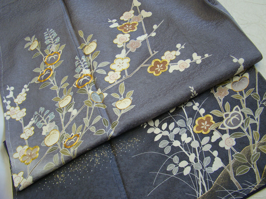 色留袖 正絹 ちりめん 五つ紋 駒刺繍 金銀糸刺繍 花草夫婦鳥染文 裾綿