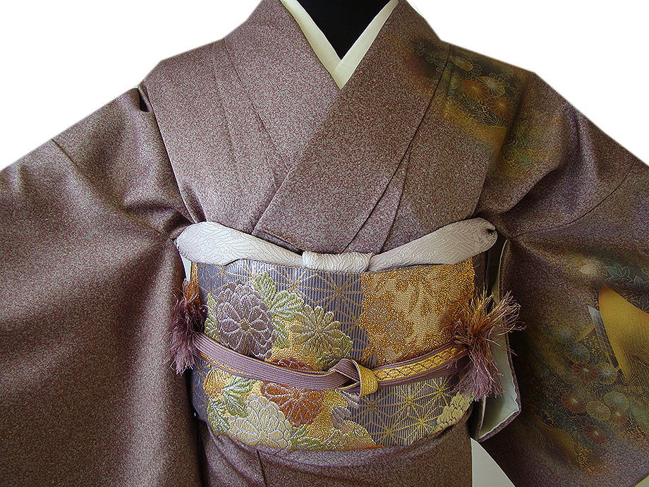 時代屋 裄65.2ｃｍ 綸子地 附下げ 訪問着 西陣織 袋帯 帯揚 帯〆 4点 セット 正絹 仕立上り 袷 共八掛 抱き茗荷 158ｃｍ～165ｃｍ HH1338