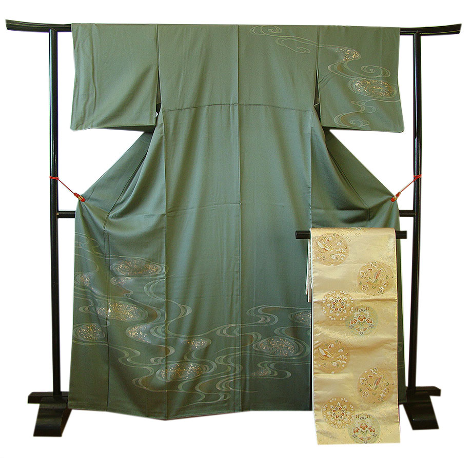 時代屋 裄64.4ｃｍ 綸子地 附下げ 訪問着 西陣織 袋帯 帯揚げ 帯〆 4点 セット 正絹 仕立上り 袷 150ｃｍ～156ｃｍ HH1278