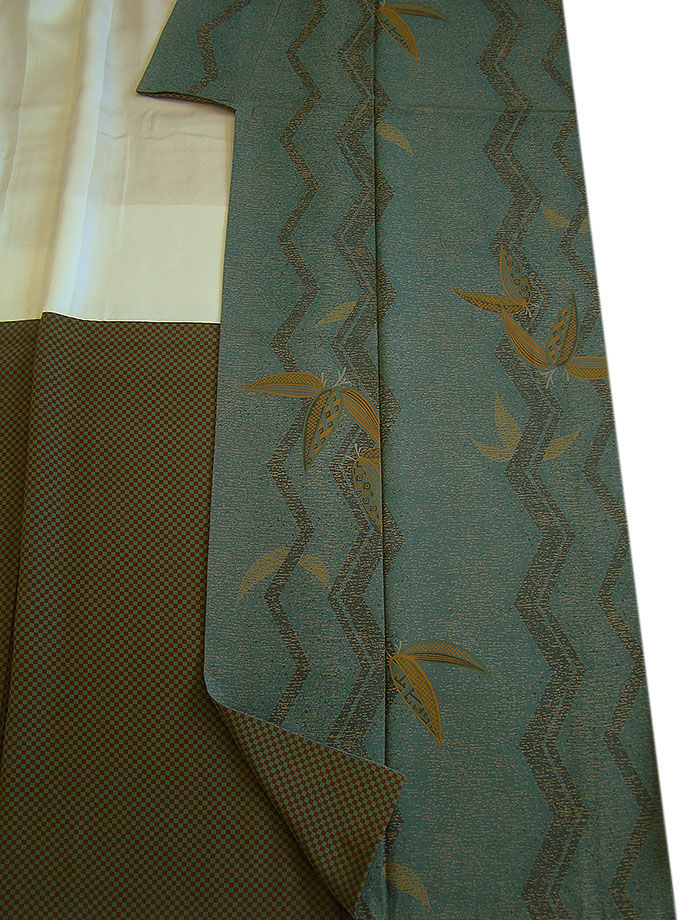 時代屋 裄63.3ｃｍ 一越地 小紋 なごや帯 帯〆 帯揚げ 4点 セット 正絹 未使用 仕付糸付 袷 148ｃｍ～154ｃｍ KK497