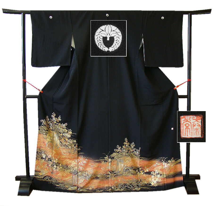 時代屋 裄66.3ｃｍ 作家物 本加工染柄 黒留袖 正絹 仕立上り 上り藤 154ｃｍ～160ｃｍ D265 時代屋 裄66.3ｃｍ 結婚式 作家物 本加工染柄 黒留袖 正絹